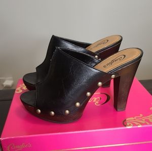 Candies Kort Black Peep Toe Mule Heel w/ studs